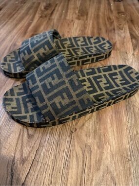 Handmade Custom Fendi FF Logo Slide Sandals in Brown and Black Size EU 46 Used